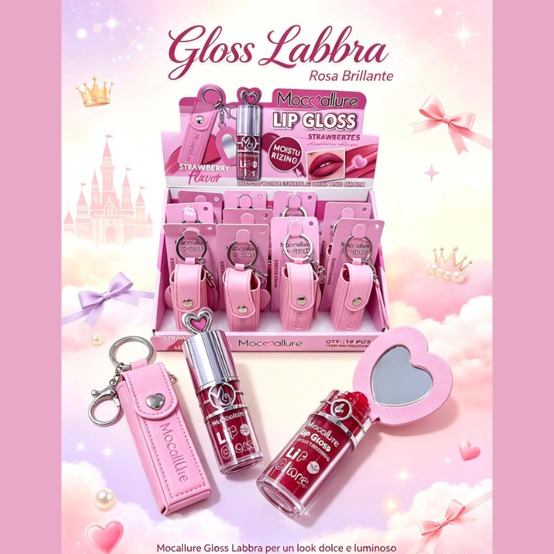 Portachiavi + specchietto a forma di cuore + Lipgloss